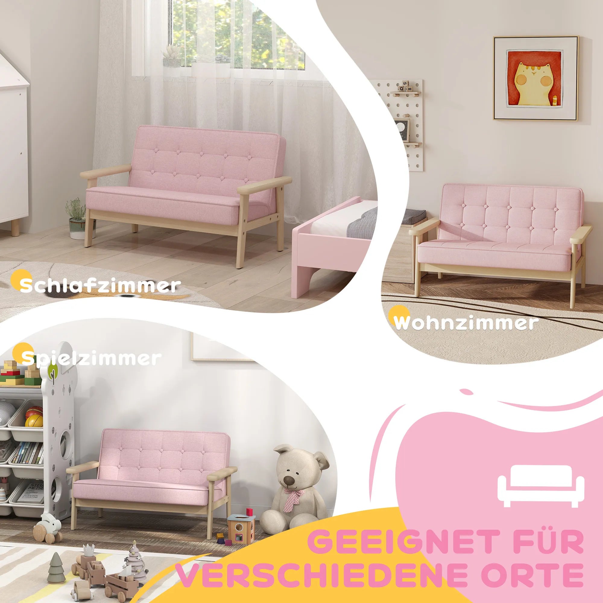 Vaikiška sofa su mediniu rėmu, 3–15 metų vaikams, rožinė