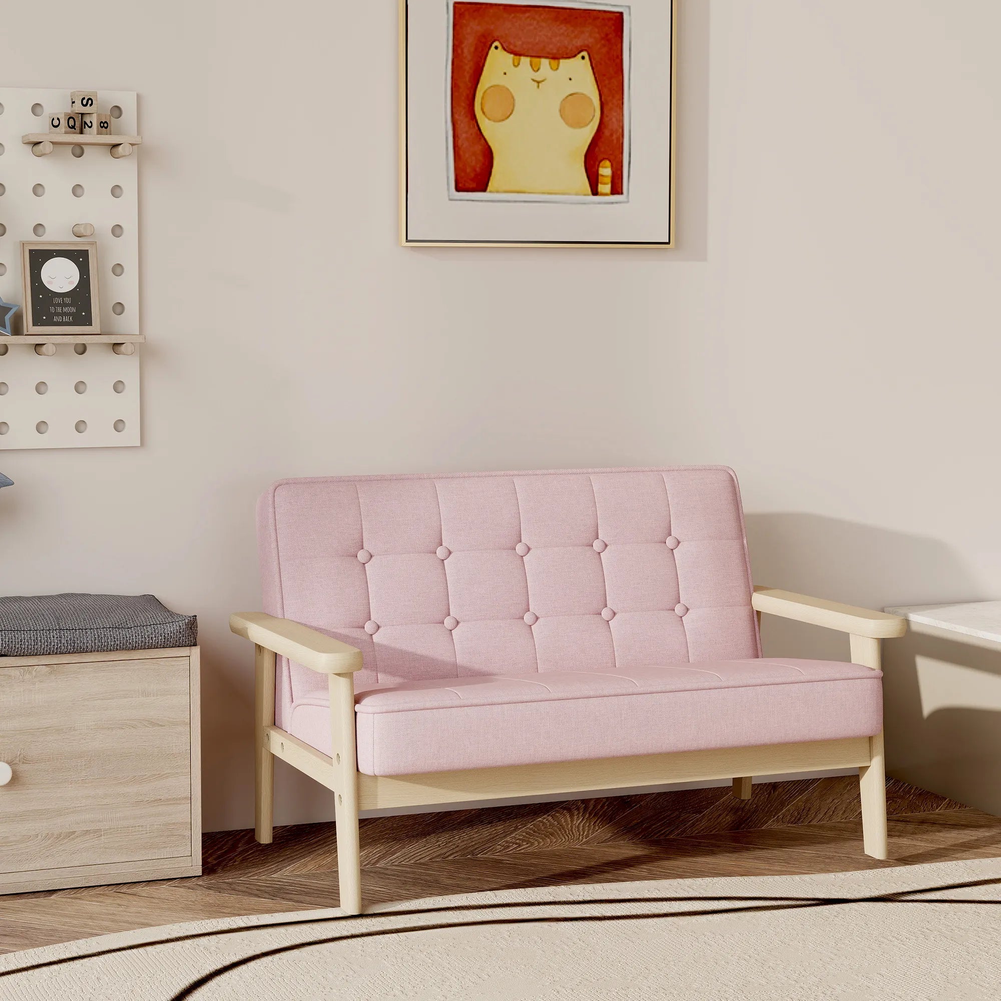 Vaikiška sofa su mediniu rėmu, 3–15 metų vaikams, rožinė