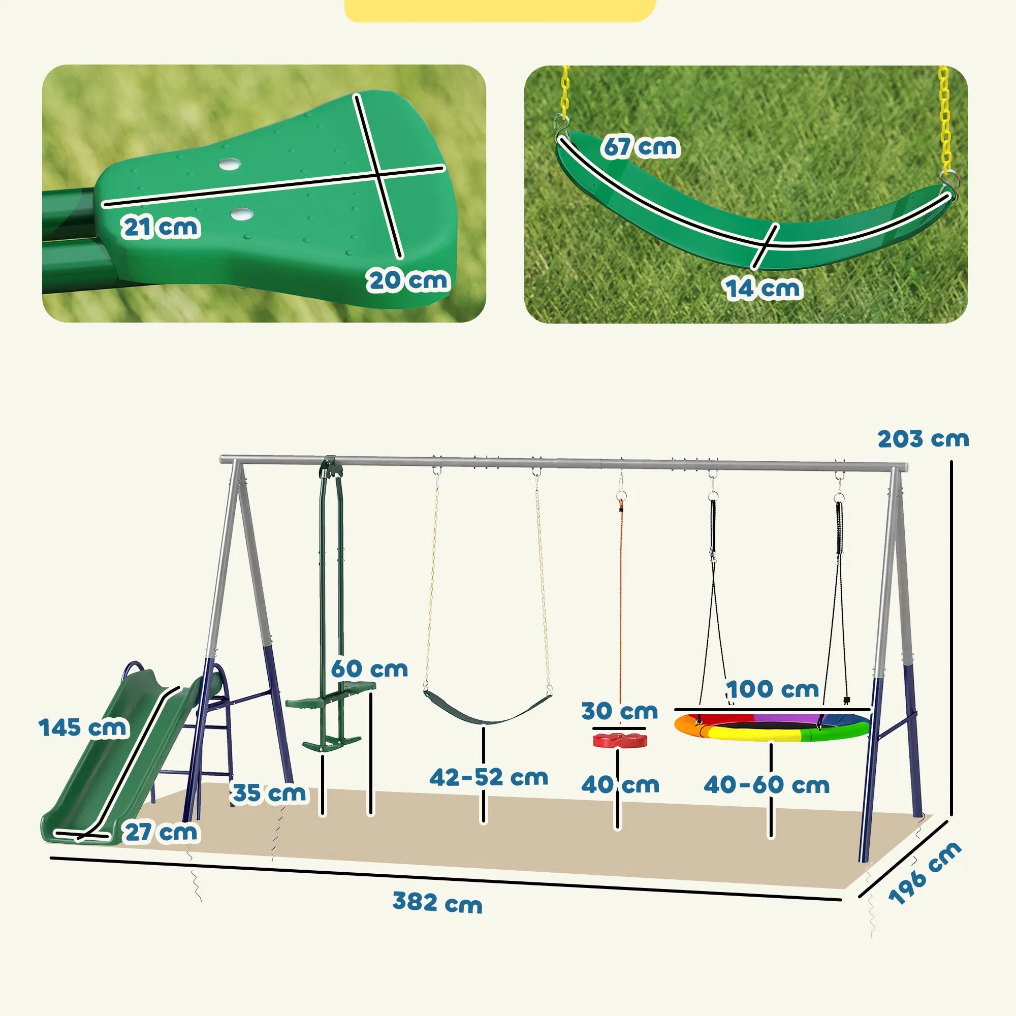 Vaikiška sūpynių aikštelė 5-in-1 su čiuožykla, reguliuojamas, iki 350 kg, 382x196x203 cm