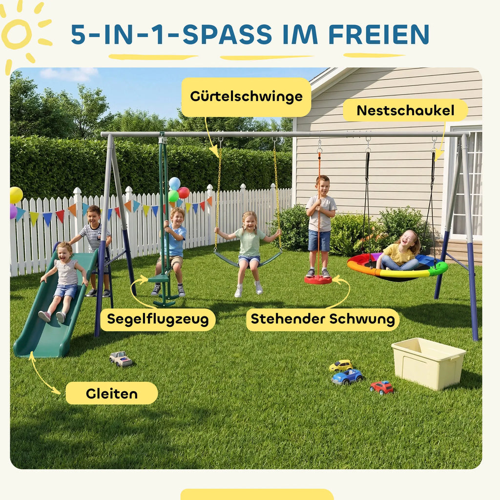 Vaikiška sūpynių aikštelė 5-in-1 su čiuožykla, reguliuojamas, iki 350 kg, 382x196x203 cm