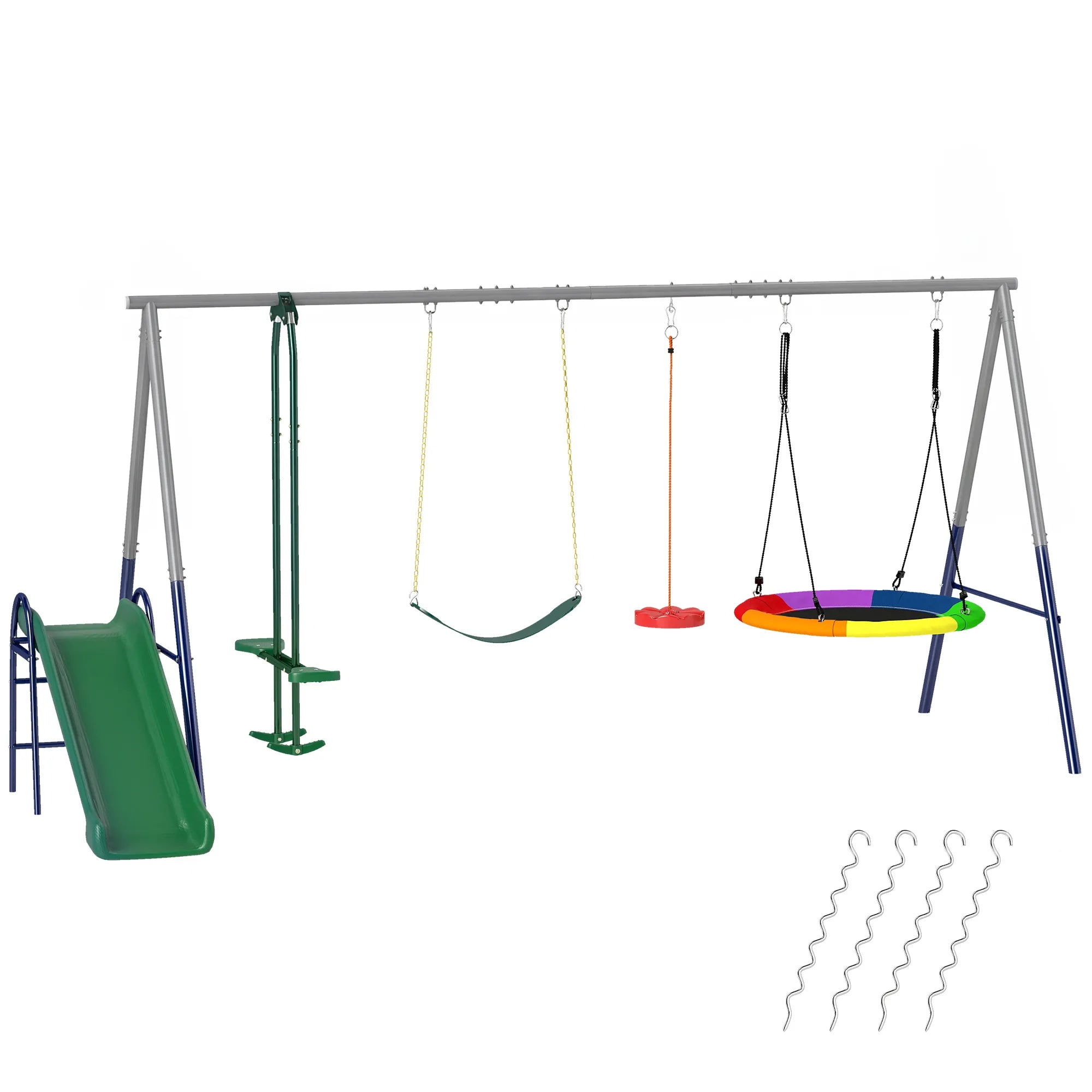 Vaikiška sūpynių aikštelė 5-in-1 su čiuožykla, reguliuojamas, iki 350 kg, 382x196x203 cm