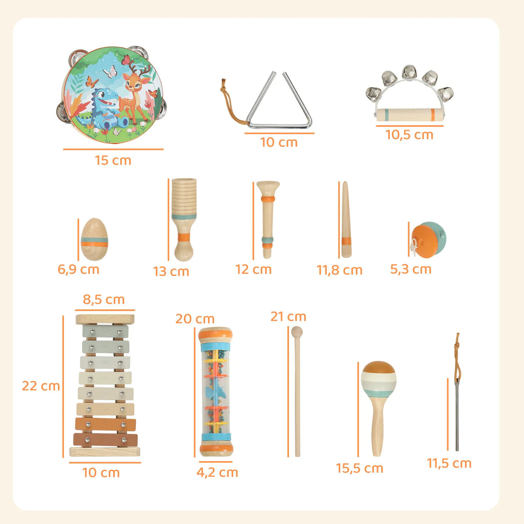 Schema su matmenimis centimetrais, rodanti kiekvieno muzikos instrumento dydį