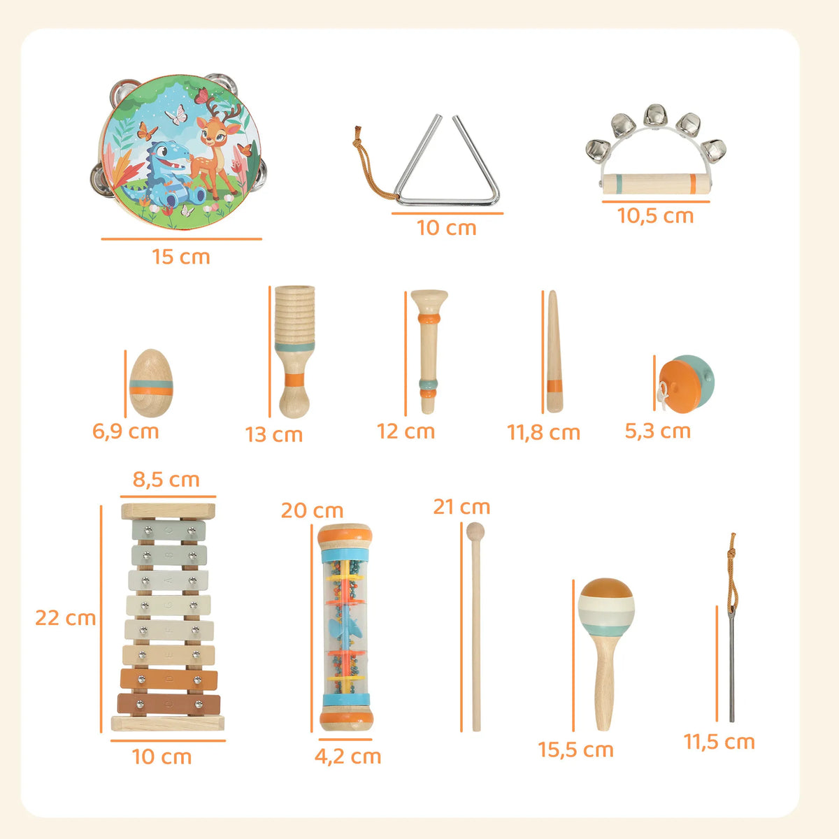 Schema su matmenimis centimetrais, rodanti kiekvieno muzikos instrumento dydį