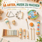 Infografika su vokišku tekstu, rodanti visus rinkinio muzikos instrumentus ant kilimo