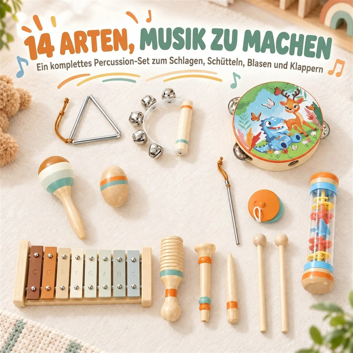 Infografika su vokišku tekstu, rodanti visus rinkinio muzikos instrumentus ant kilimo