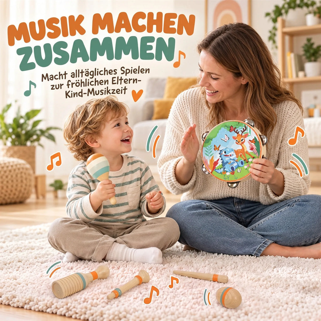 Namų kambaryje mama su vaiku groja tamburinu ir marakasais