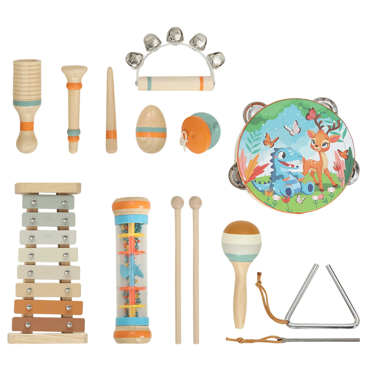 Vaikiškas 14 dalių Montessori muzikos instrumentų rinkinys su būgnais, ksilofonu ir marakasais, 1,5–6 m.