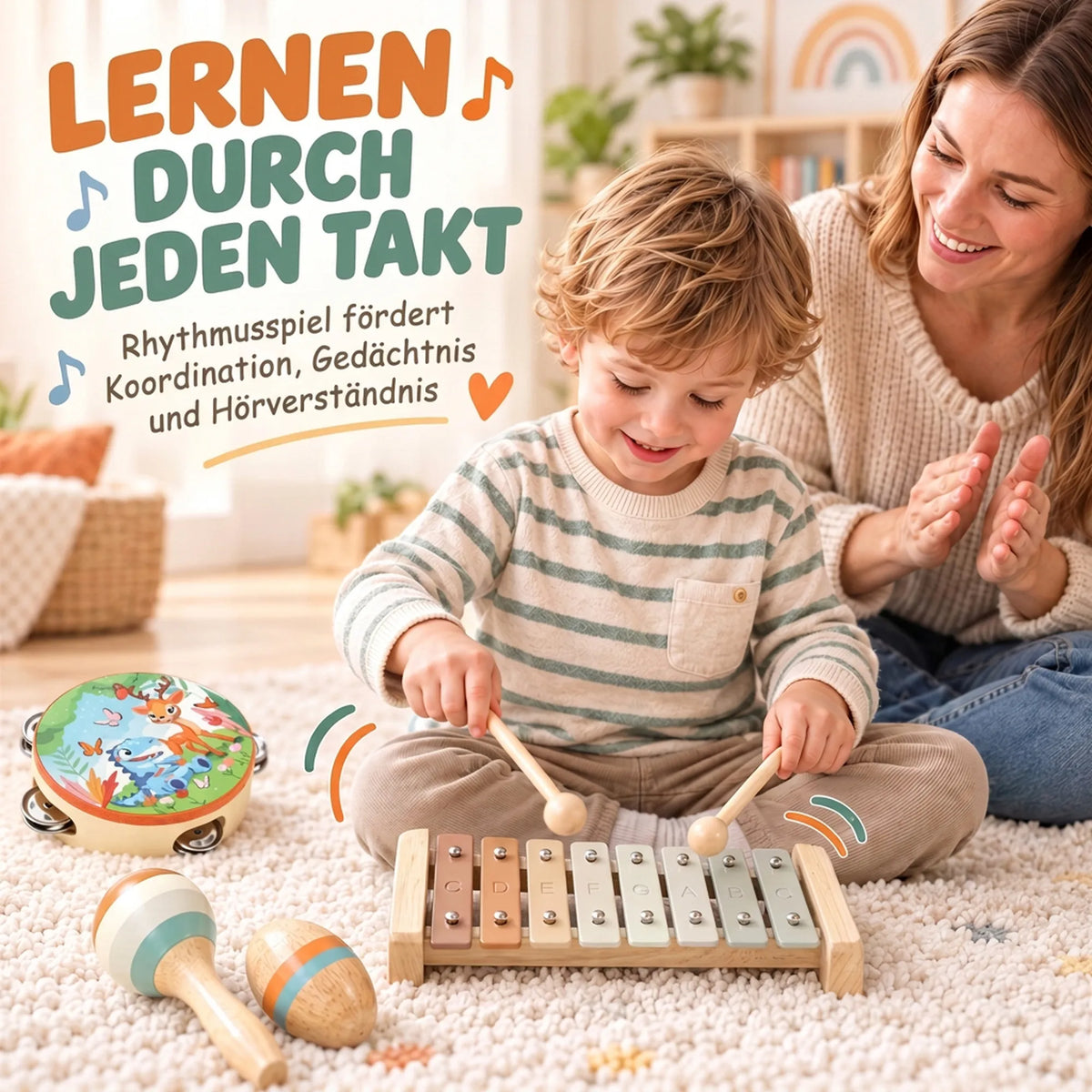 Mama su sūnumi kartu groja mediniu ksilofonu sėdėdami ant kilimo