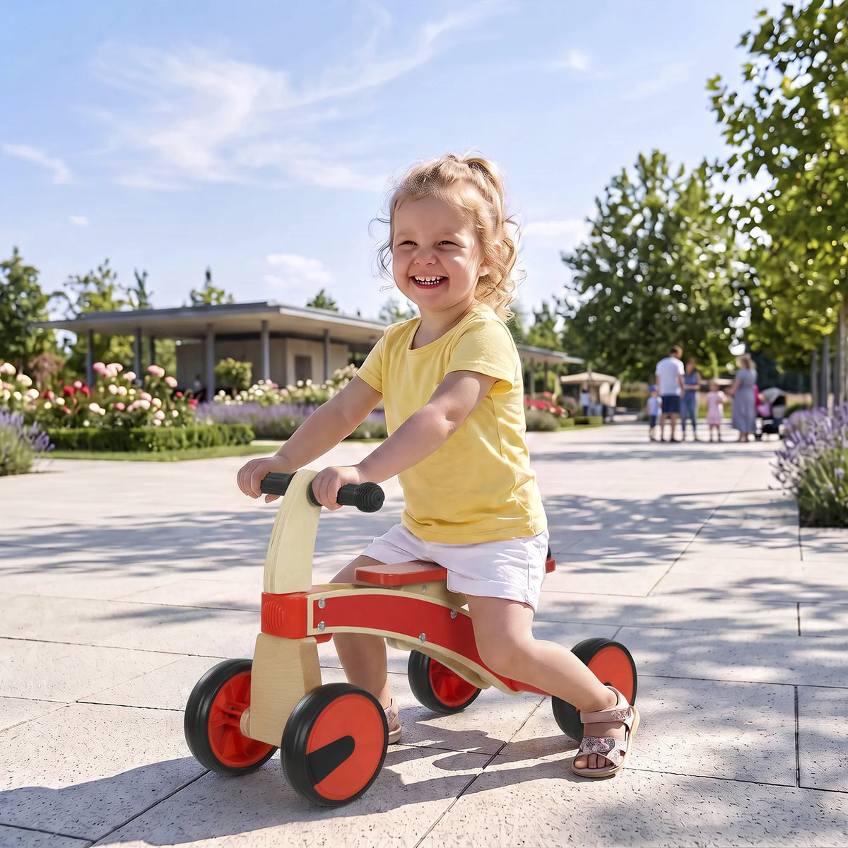 Vaikiškas automobilis-stumdukas, medinis, su EVA ratais, 2–3 metų vaikams, raudonas