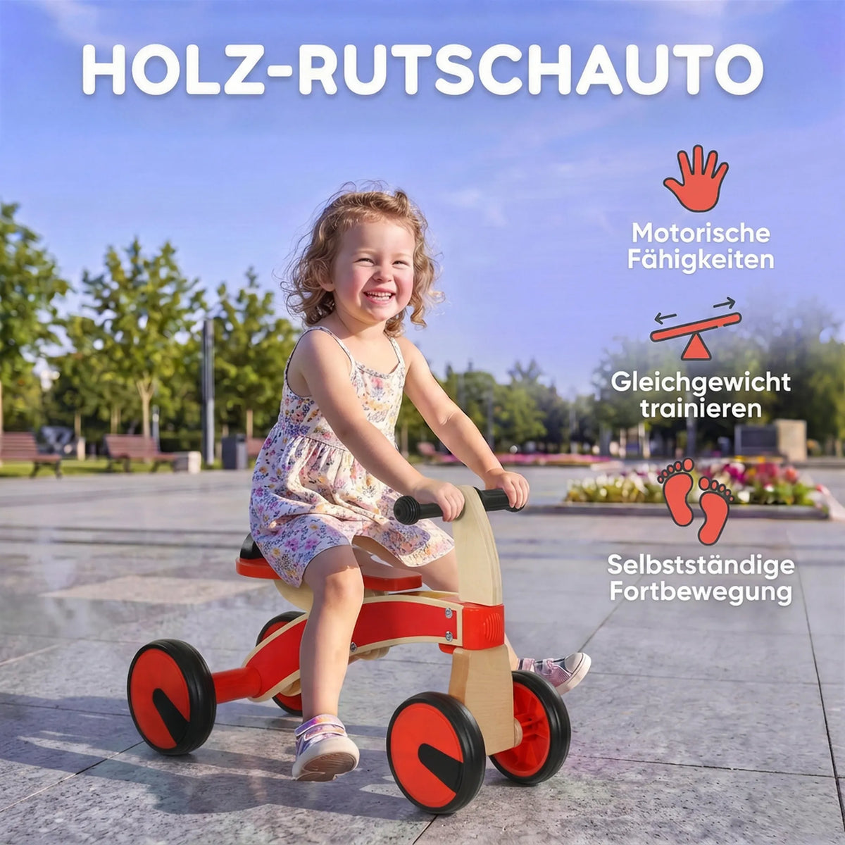 Vaikiškas automobilis-stumdukas, medinis, su EVA ratais, 2–3 metų vaikams, raudonas