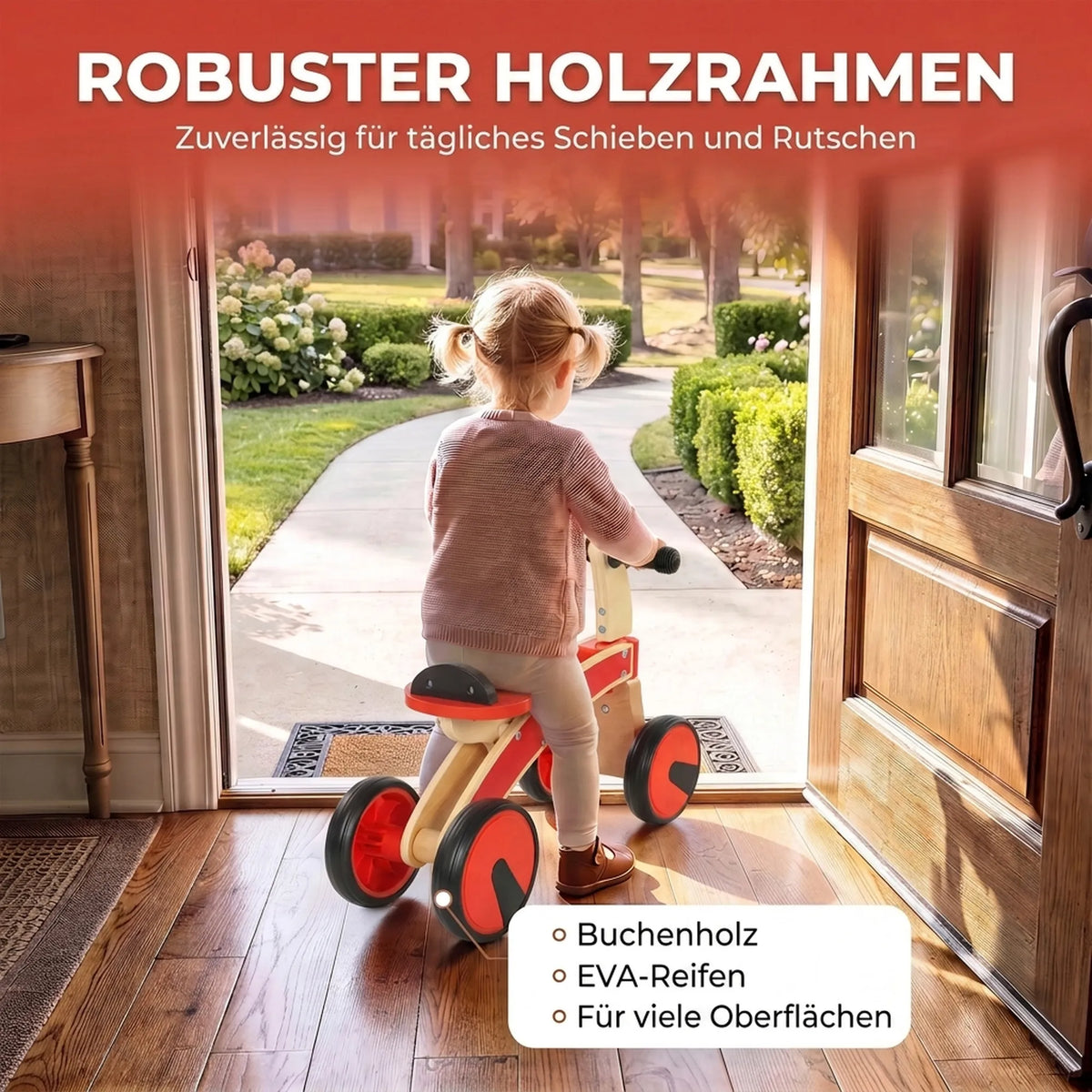 Vaikiškas automobilis-stumdukas, medinis, su EVA ratais, 2–3 metų vaikams, raudonas