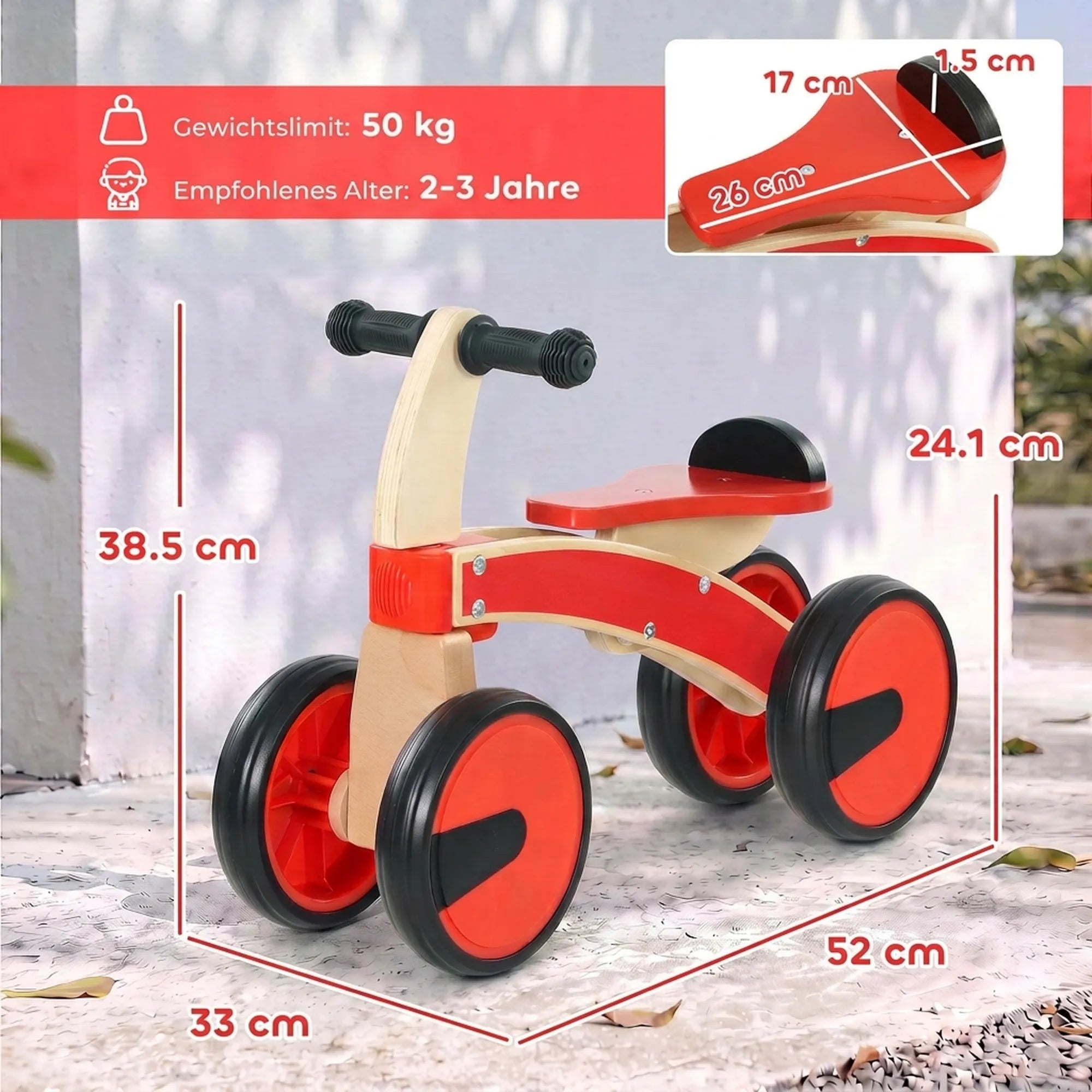 Vaikiškas automobilis-stumdukas, medinis, su EVA ratais, 2–3 metų vaikams, raudonas