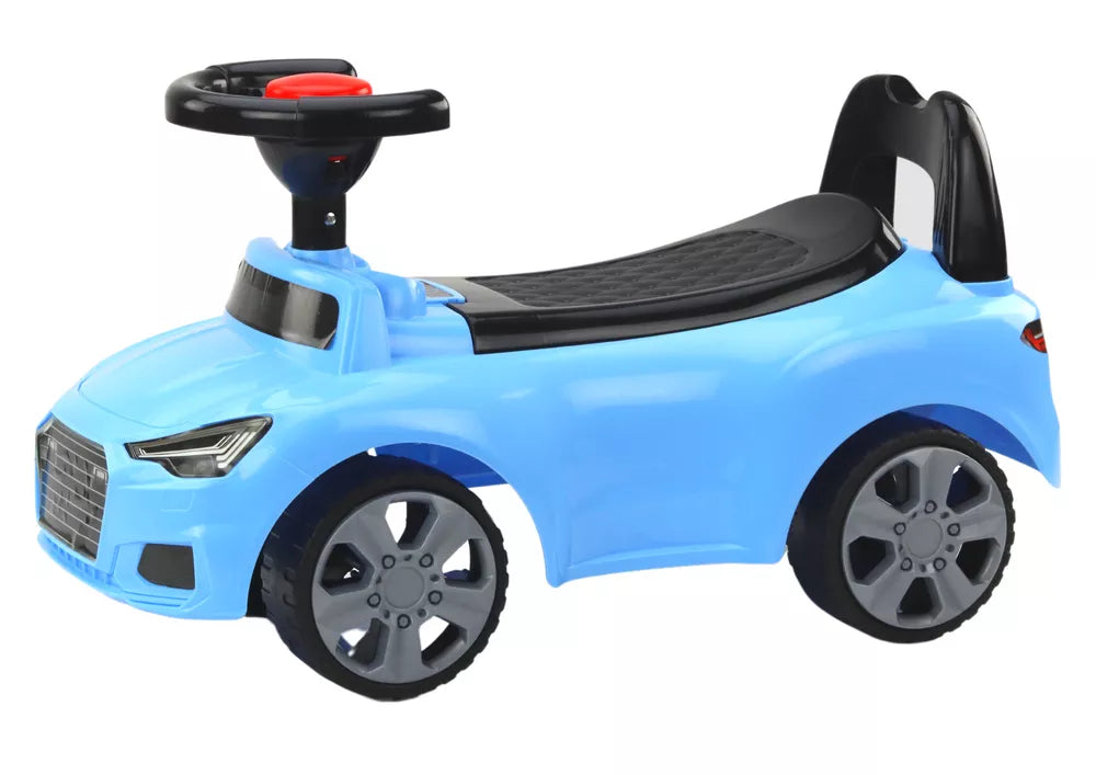 Vaikiškas automobilis-stumdukas su atlošu, daiktadėže ir signalu, mėlynas