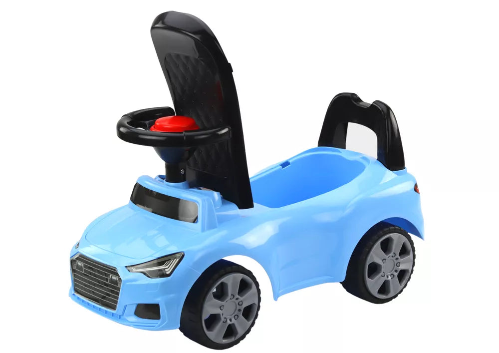 Vaikiškas automobilis-stumdukas su atlošu, daiktadėže ir signalu, mėlynas