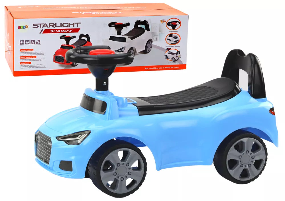 Vaikiškas automobilis-stumdukas su atlošu, daiktadėže ir signalu, mėlynas