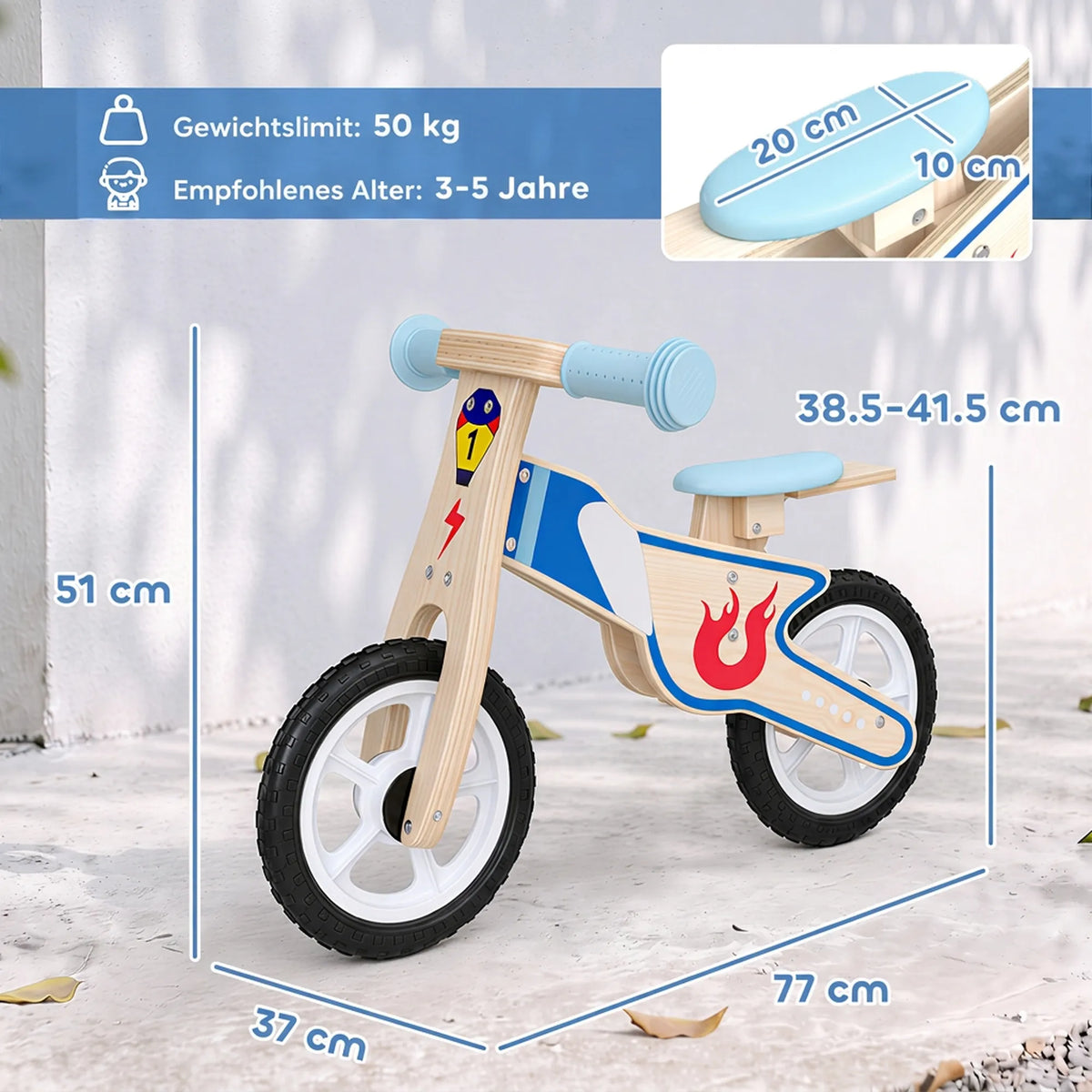 Vaikiškas balansinis dviratukas, 3–5 metų, iki 50 kg, su EVA ratais, natūralaus medžio
