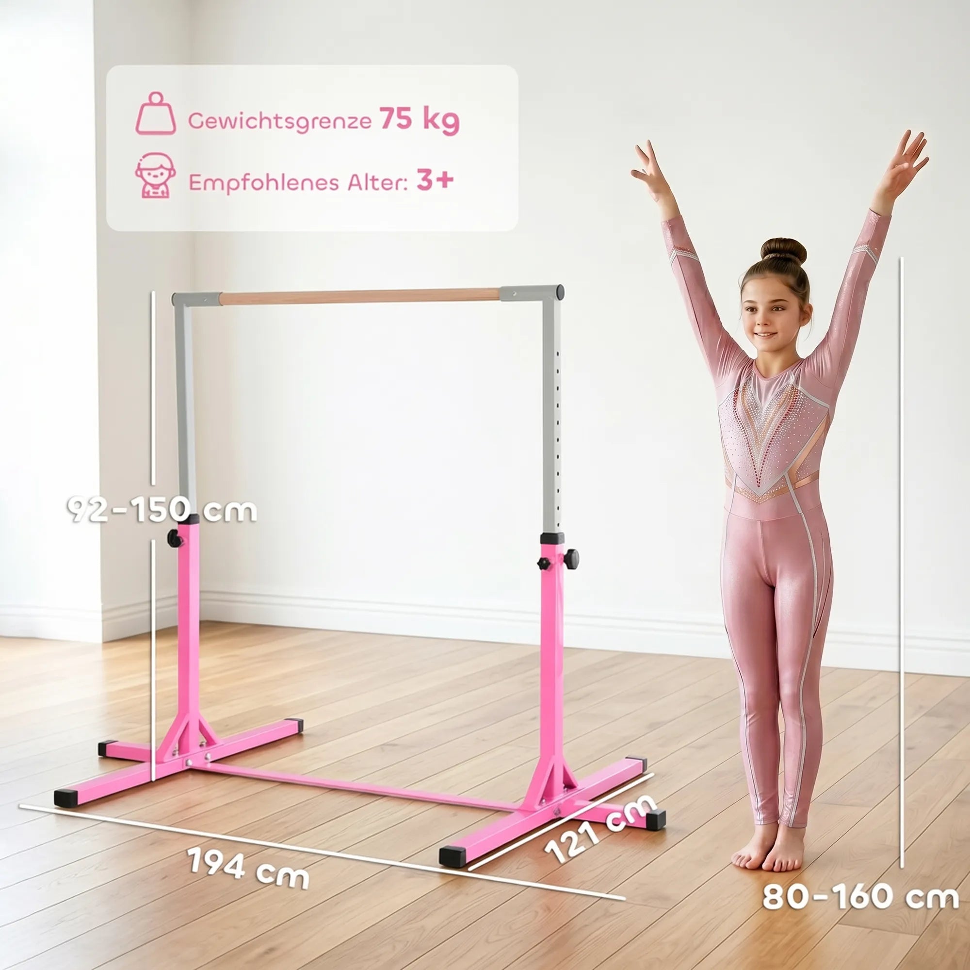 Vaikiškas batutas – gimnastikos skersinis, reguliuojamo aukščio, iki 75 kg, rožinis