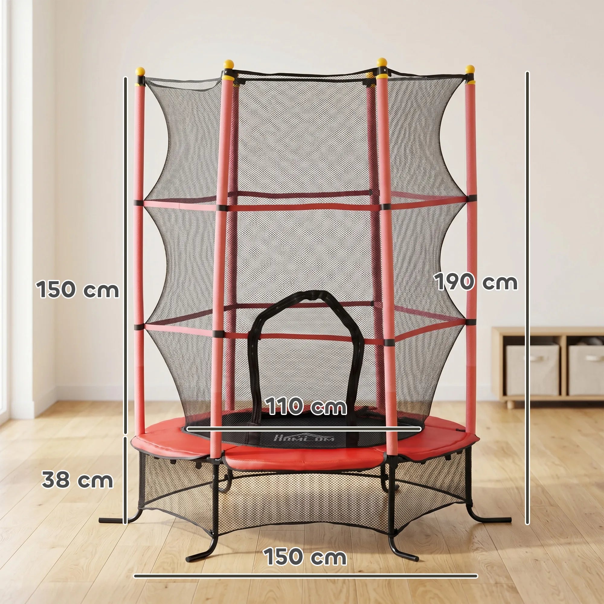 Vaikiškas batutas su apsauginiu tinklu, 163 cm, iki 50 kg, raudonas