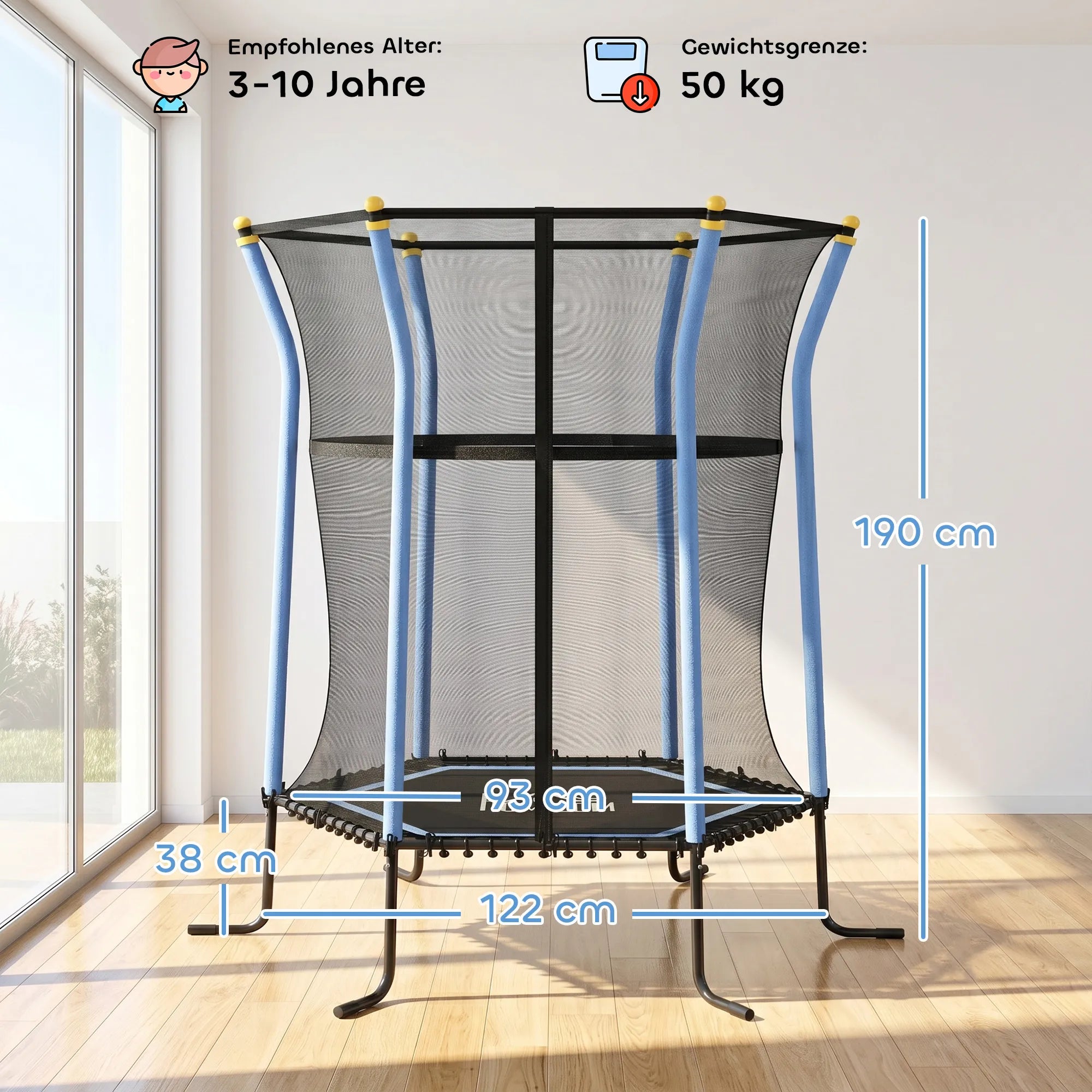 Vaikiškas batutas su apsauginiu tinklu 163,5 cm, 3–10 metų vaikams, mėlynas