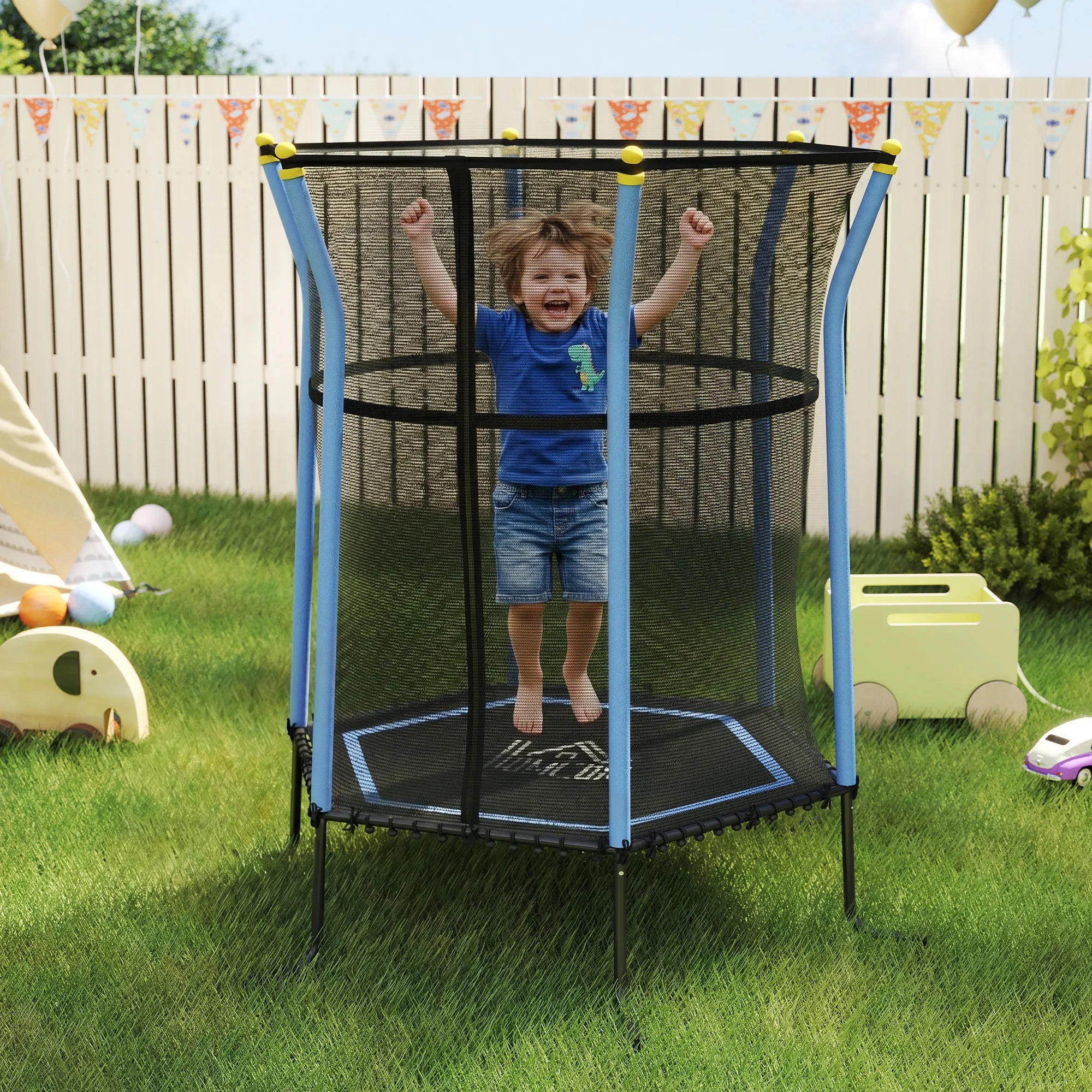 Vaikiškas batutas su apsauginiu tinklu 163,5 cm, 3–10 metų vaikams, mėlynas