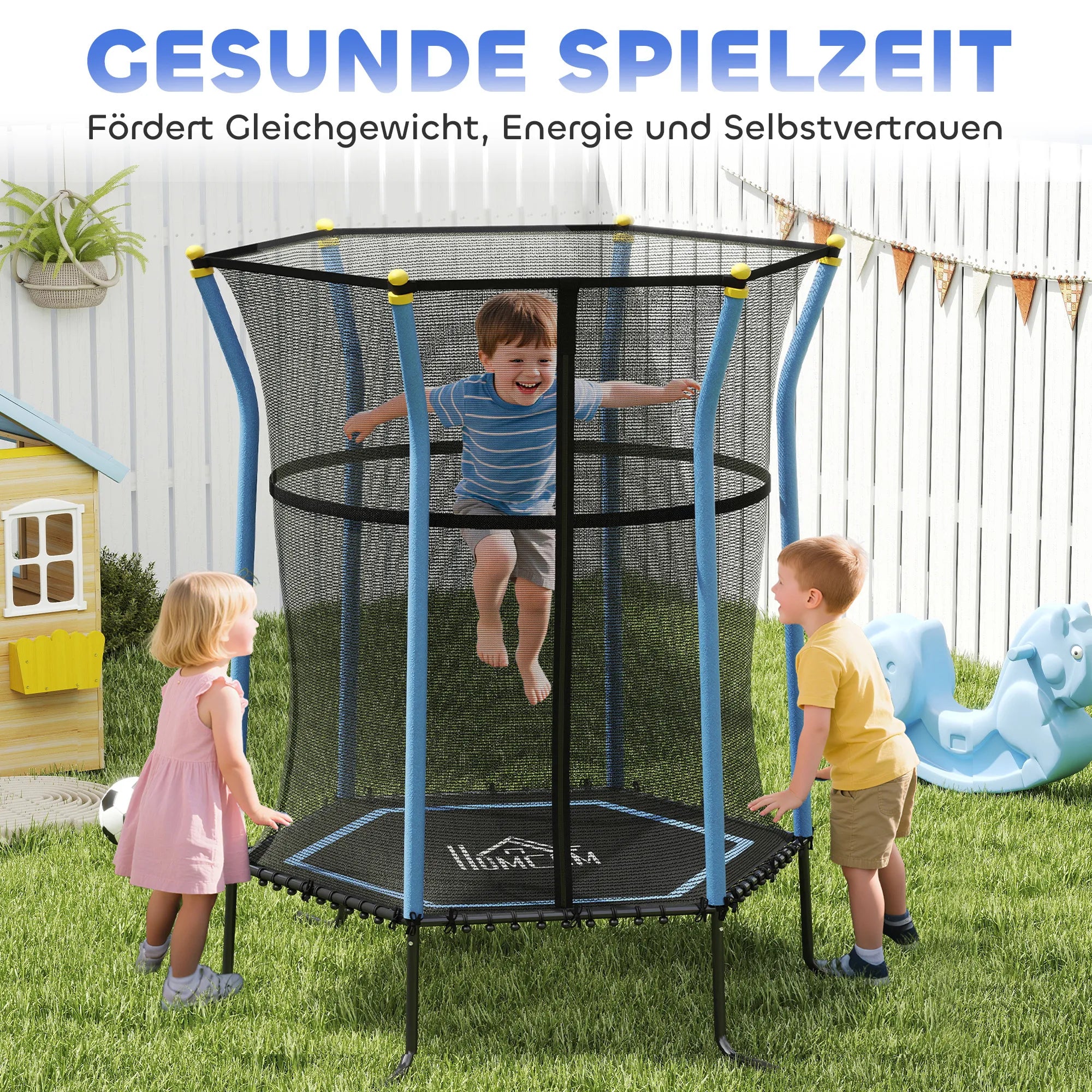 Vaikiškas batutas su apsauginiu tinklu 163,5 cm, 3–10 metų vaikams, mėlynas