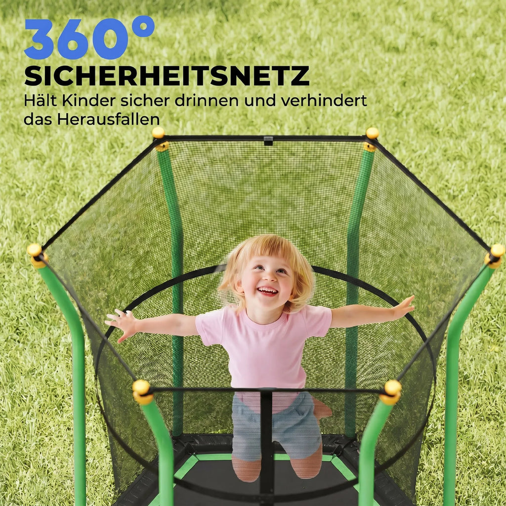Vaikiškas batutas su apsauginiu tinklu, 163,5 cm, žalias, 3–10 metų vaikams