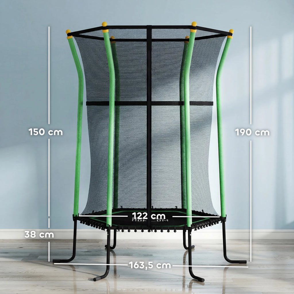 Vaikiškas batutas su apsauginiu tinklu, 163,5 cm, žalias, 3–10 metų vaikams
