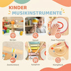 Schema su šešiais paveikslėliais, pristatanti rinkinio muzikos instrumentus