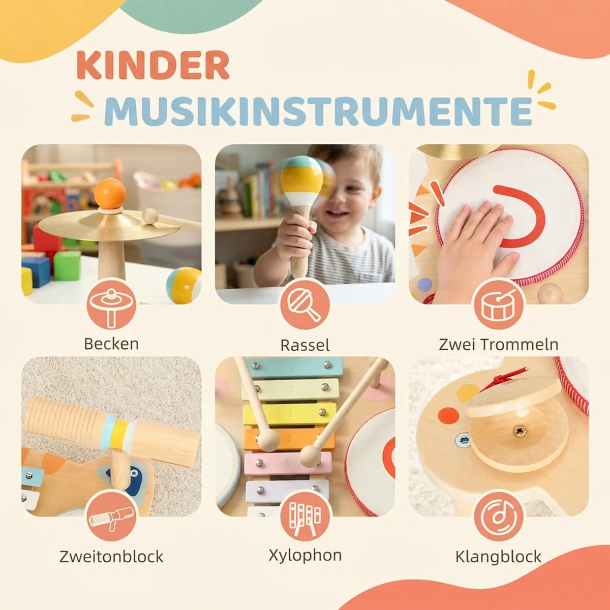 Schema su šešiais paveikslėliais, pristatanti rinkinio muzikos instrumentus