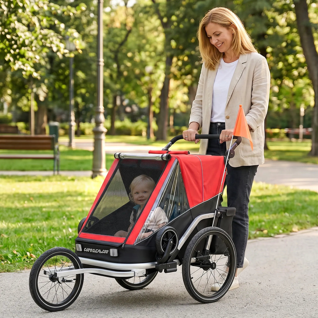 Vaikiškas dviračio priekaba 2-in-1, dvivietis vežimėlis-priekaba vaikams iki 110 cm, raudonas