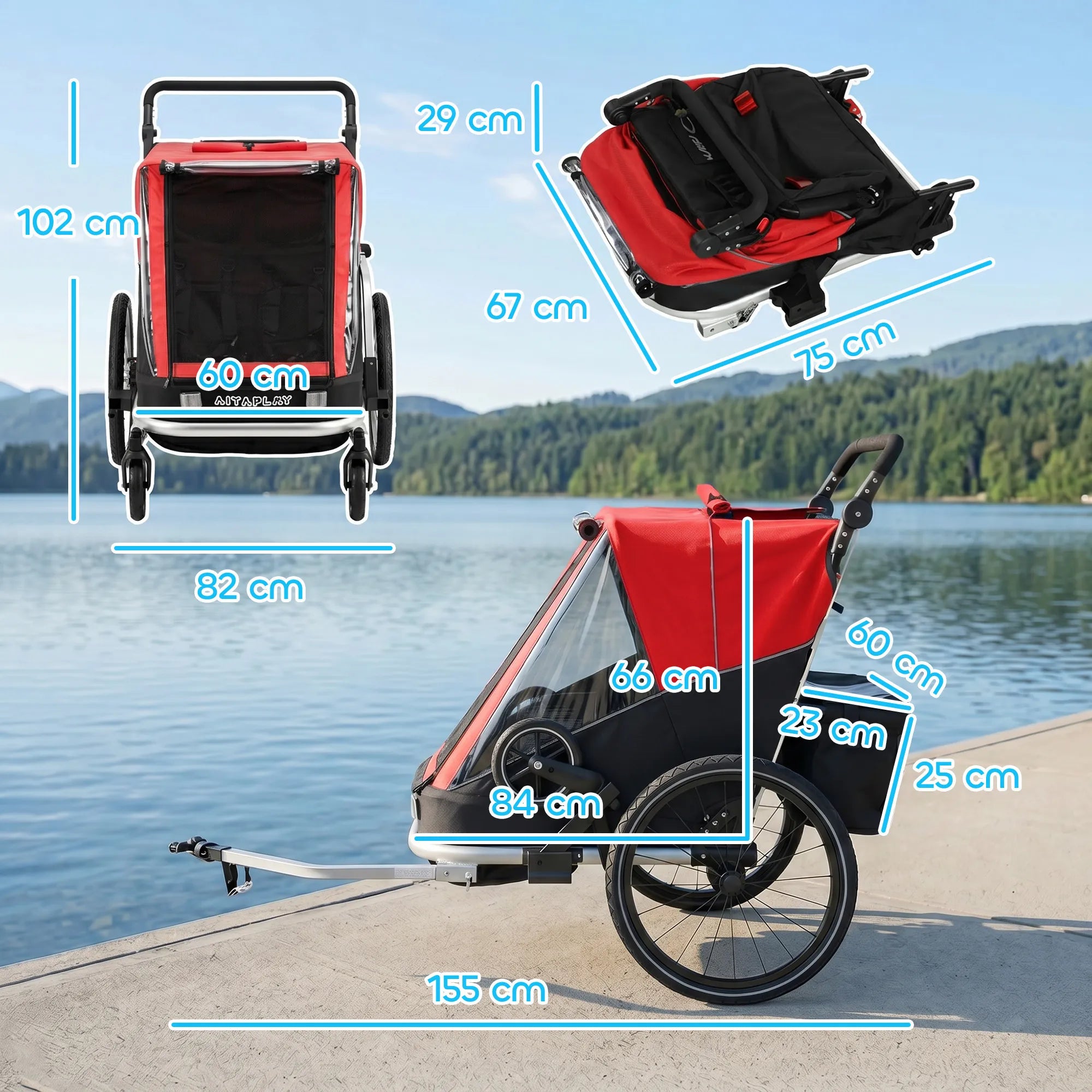 Vaikiškas dviračio priekaba 2-in-1, dvivietis vežimėlis-priekaba vaikams iki 110 cm, raudonas