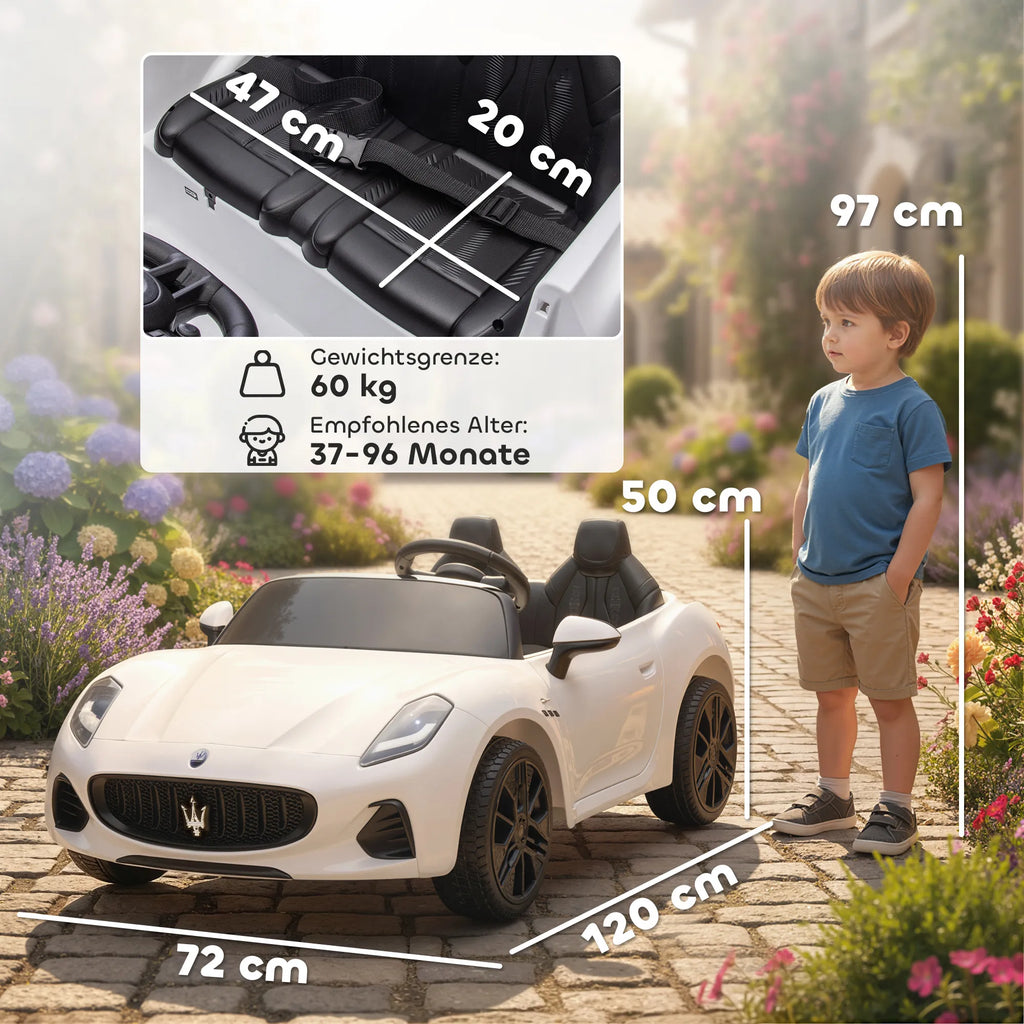 Vaikiškas elektrinis automobilis Maserati, 2-vietis, iki 60 kg, baltas (3–8 metų vaikams)