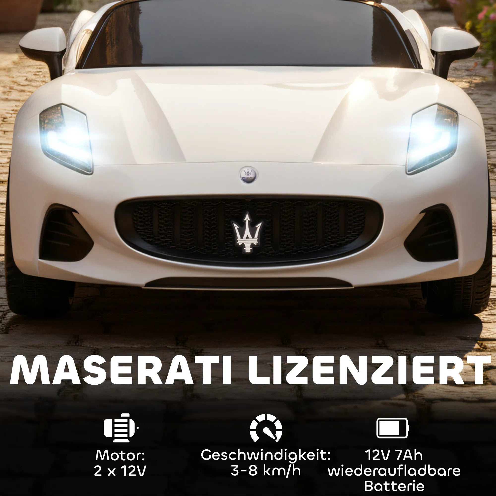 Vaikiškas elektrinis automobilis Maserati, 2-vietis, iki 60 kg, baltas (3–8 metų vaikams)