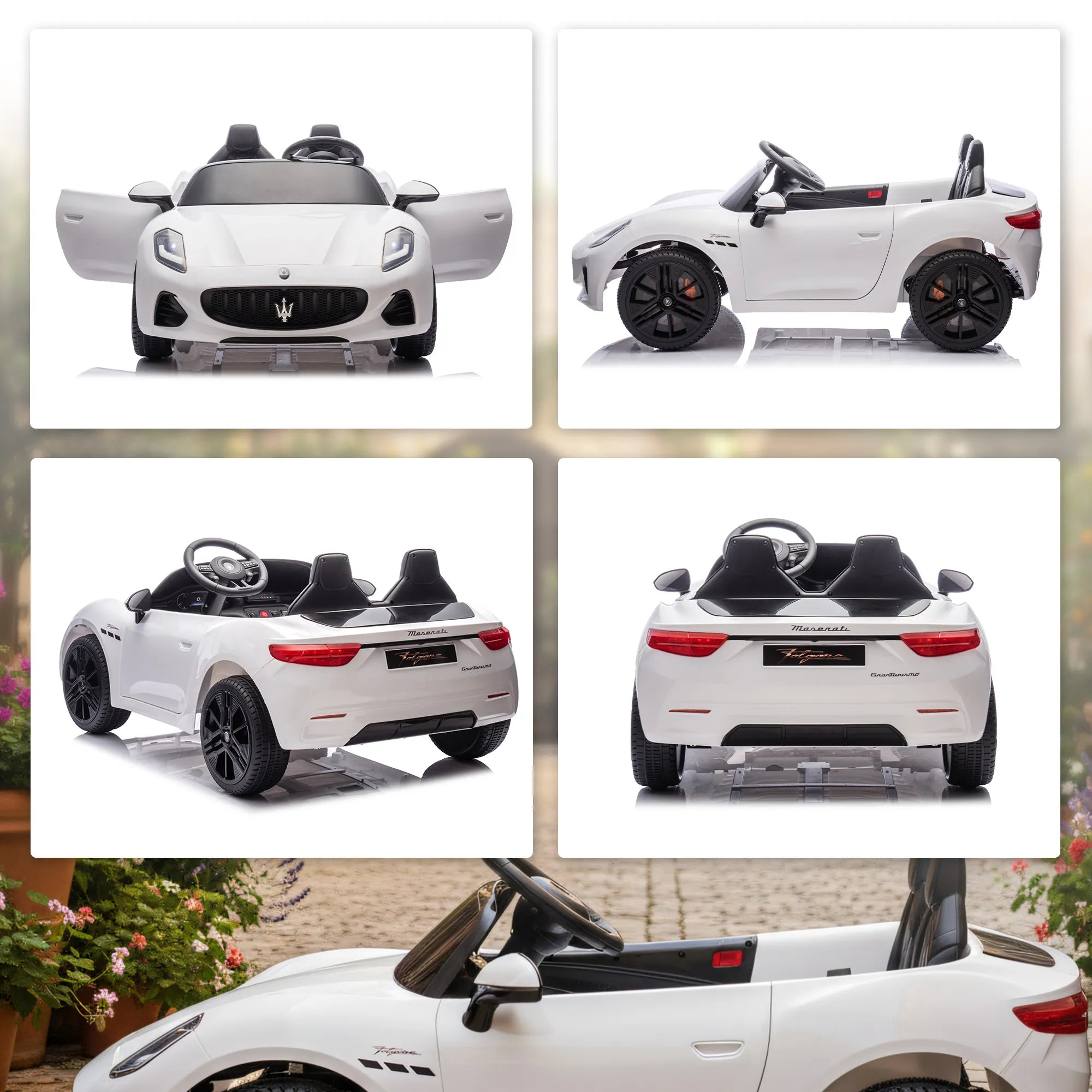 Vaikiškas elektrinis automobilis Maserati, 2-vietis, iki 60 kg, baltas (3–8 metų vaikams)