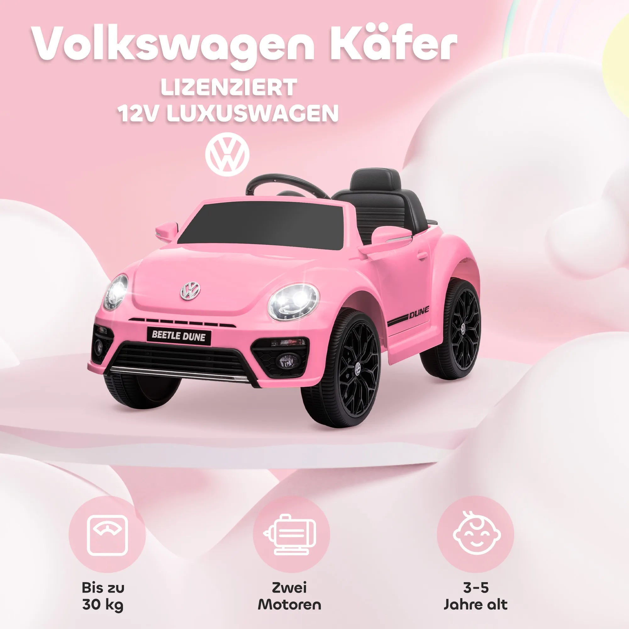 Vaikiškas elektrinis automobilis VW Vabalas, 3-5 metų vaikams, rožinis 3-5 km/h