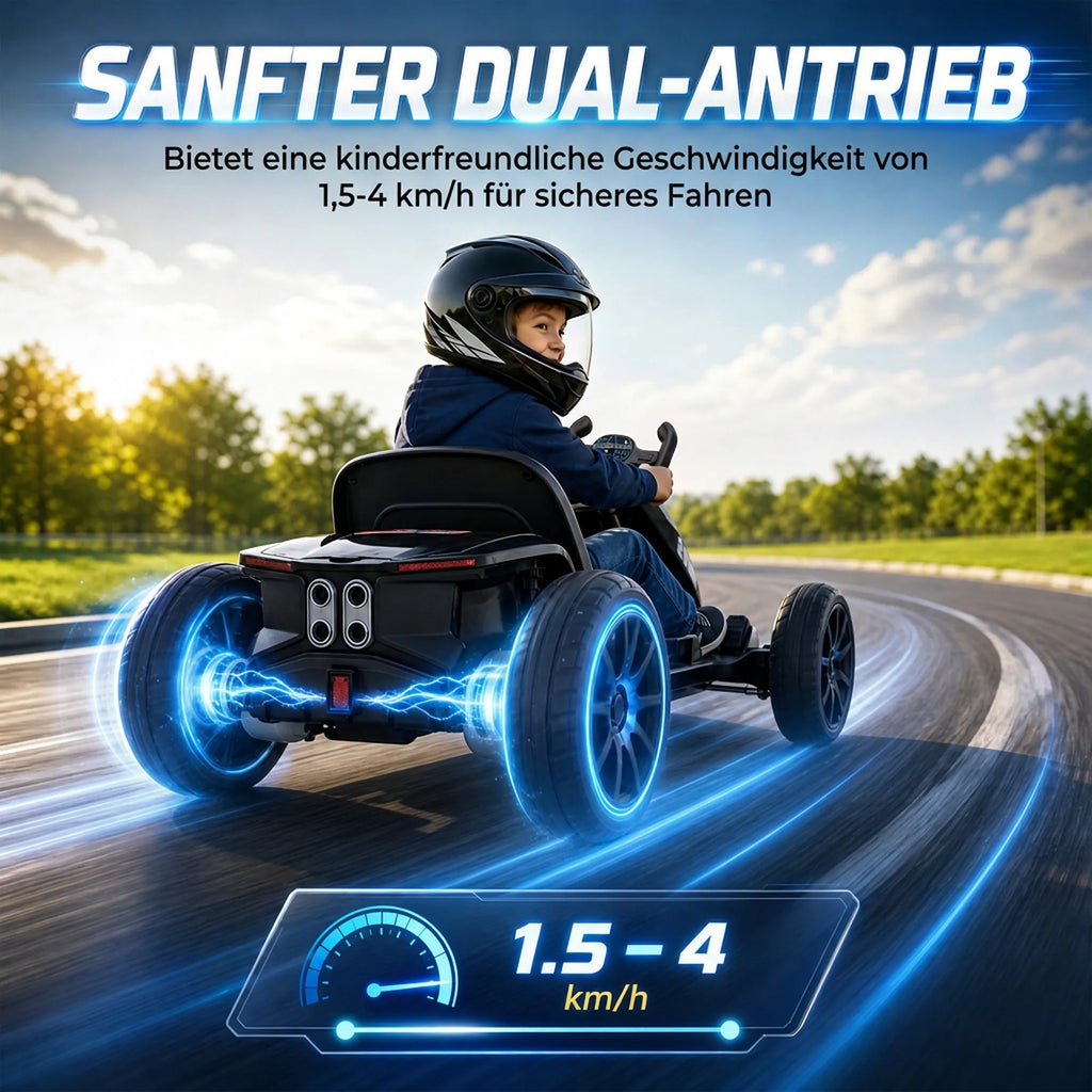 Spidometro schema, rodanti 1,5-4 km/h greitį ir gokartą vairuojantį berniuką