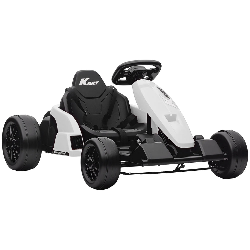 Vaikiškas elektrinis gokartas, 24 V, 2 varikliai, iki 18 km/h, dreifavimo funkcija, reguliuojama sėdynė, baltas