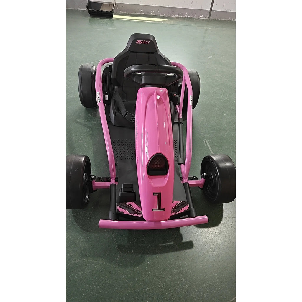 Rožinis vaikiškas elektrinis gokartas su sportine sėdyne, vaizdas iš viršaus