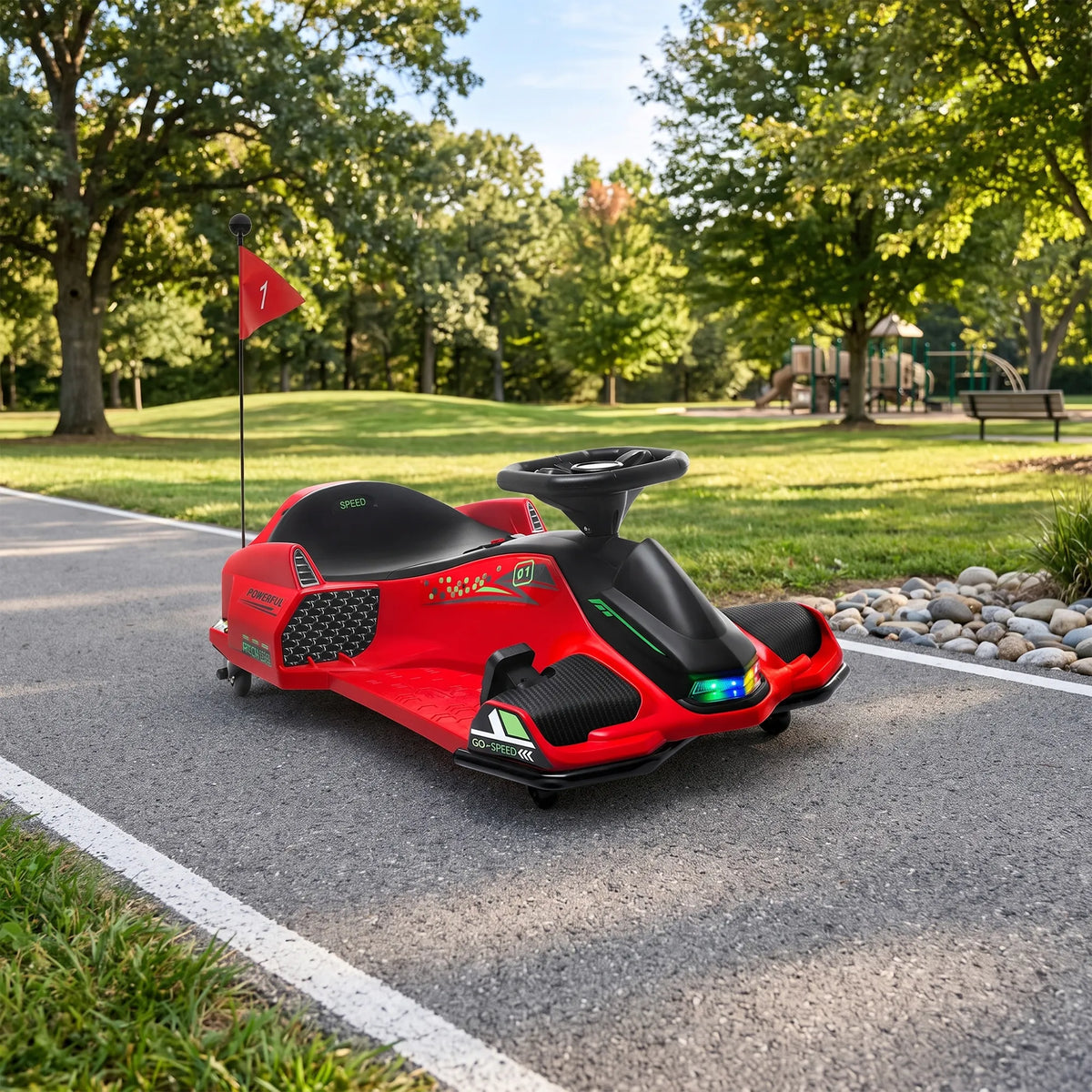 Vaikiškas elektrinis gokartas, 3–8 km/h, su šviesomis ir muzika, raudonas