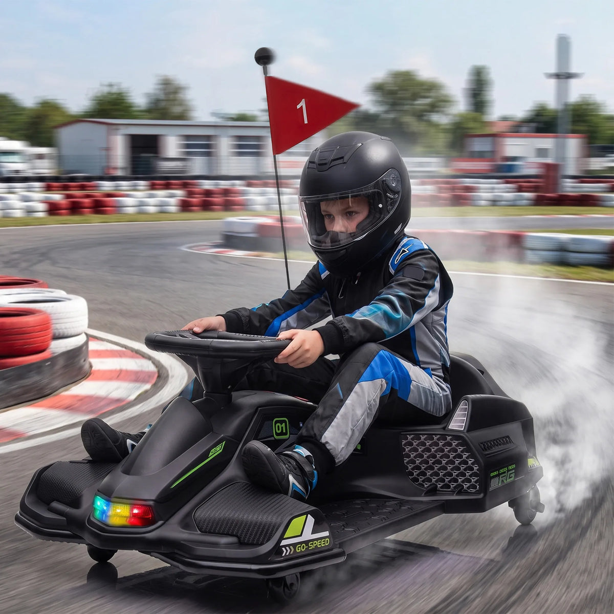 Vaikiškas elektrinis gokartas, 3–8 km/h, su šviesomis ir muzikos funkcija, juodas