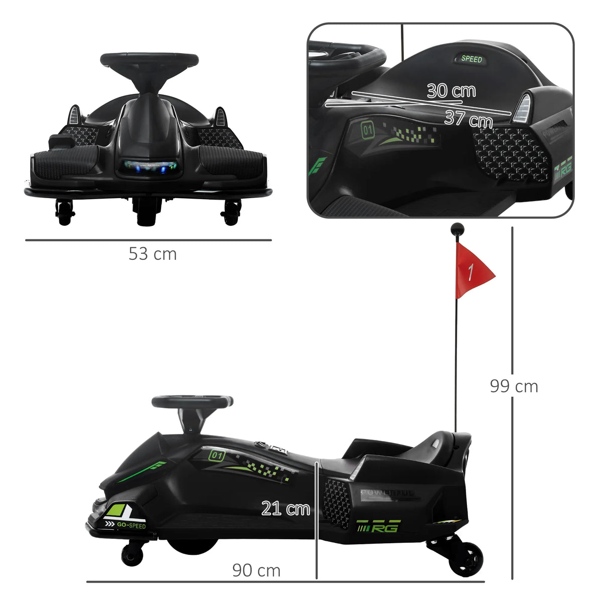 Vaikiškas elektrinis gokartas, 3–8 km/h, su šviesomis ir muzikos funkcija, juodas
