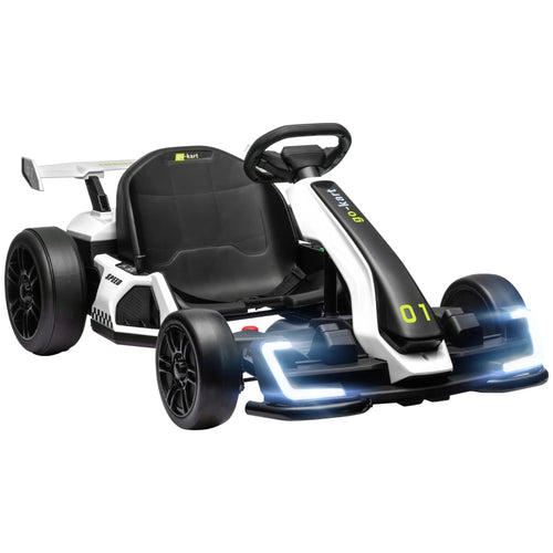 Baltas F1 stiliaus kartingas su LED žibintais ir sportiniu sparneliu