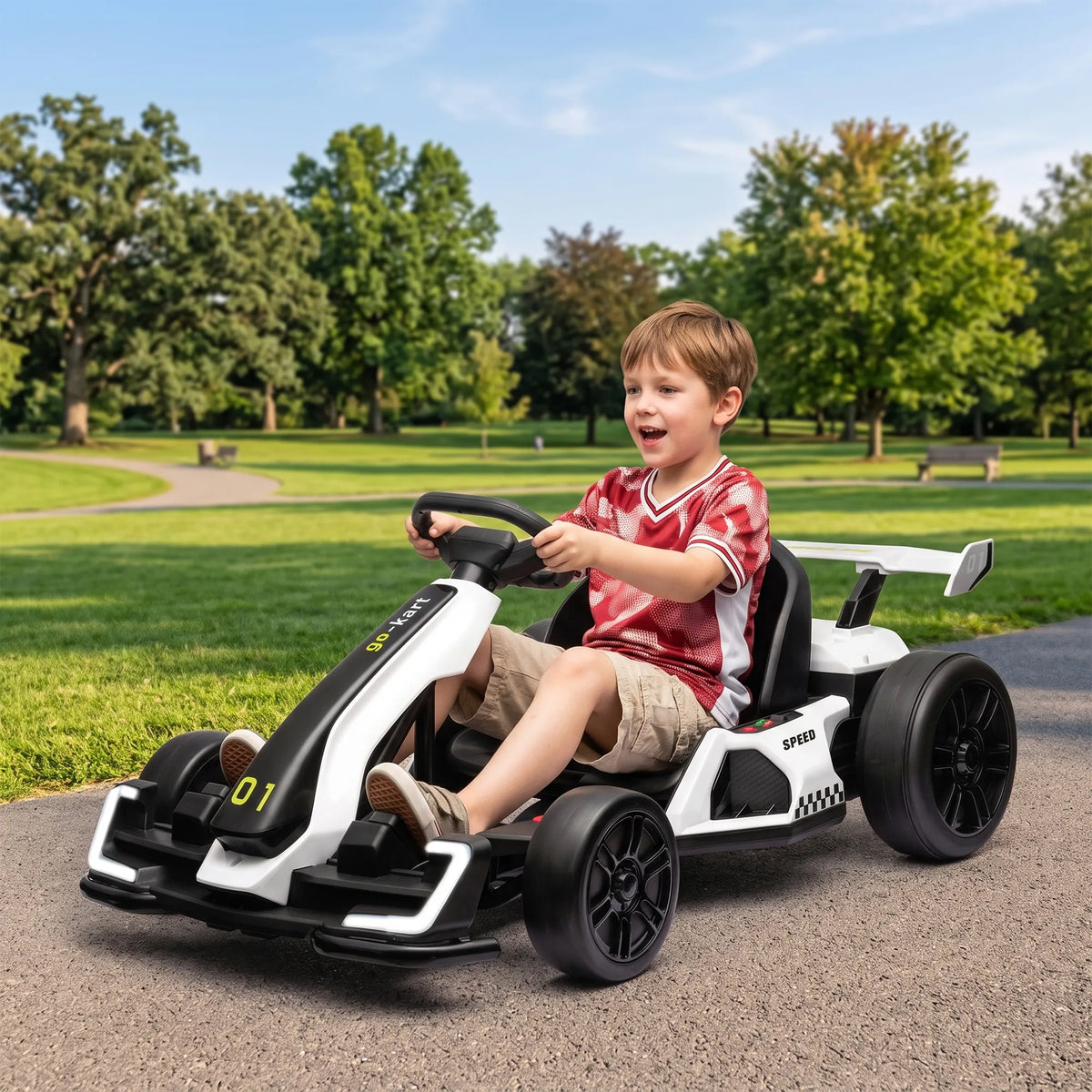 Vaikiškas elektrinis kartingas 24 V su drifto funkcija, 6–12 m. vaikams, baltas