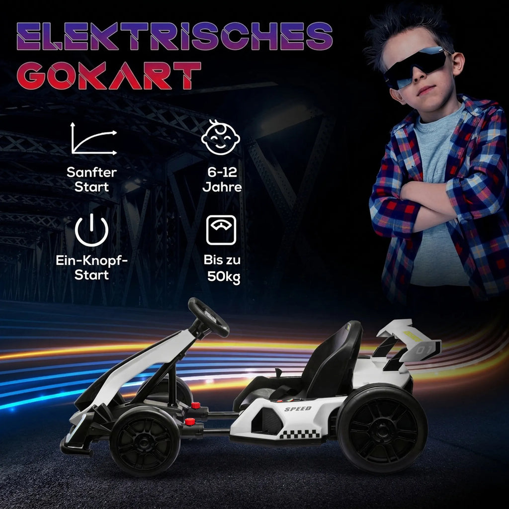 Vaikiškas elektrinis kartingas 24 V su drifto funkcija, 6–12 m. vaikams, baltas