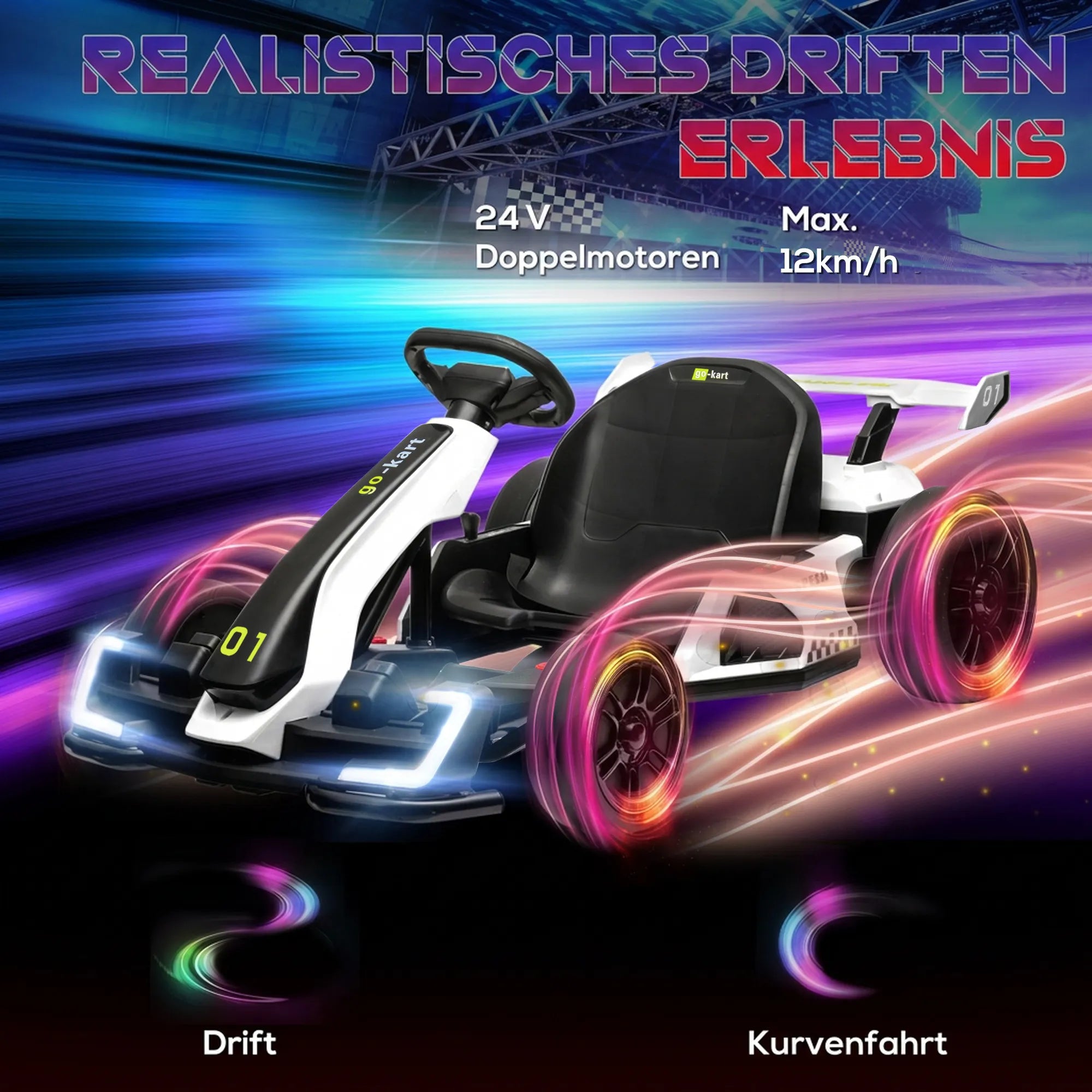Vaikiškas elektrinis kartingas 24 V su drifto funkcija, 6–12 m. vaikams, baltas