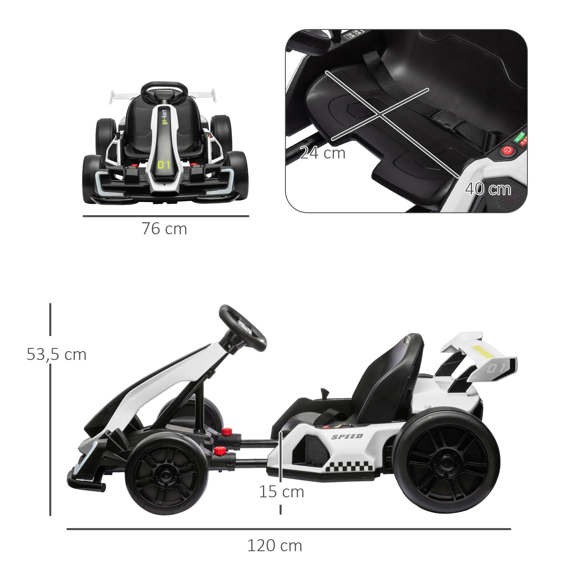 Vaikiškas elektrinis kartingas 24 V su drifto funkcija, 6–12 m. vaikams, baltas