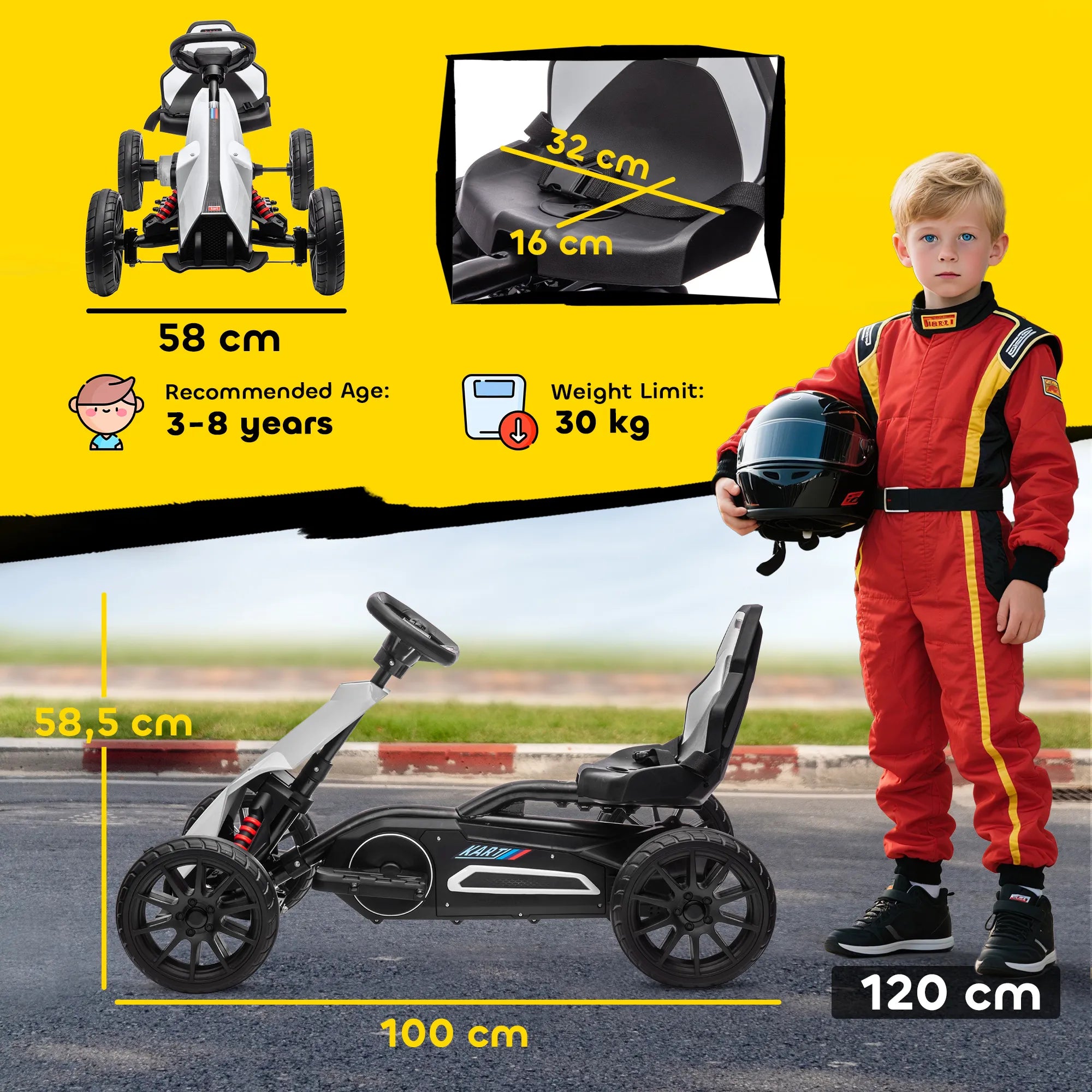 Vaikiškas elektrinis kartingas, 3–8 metų vaikams, baltas