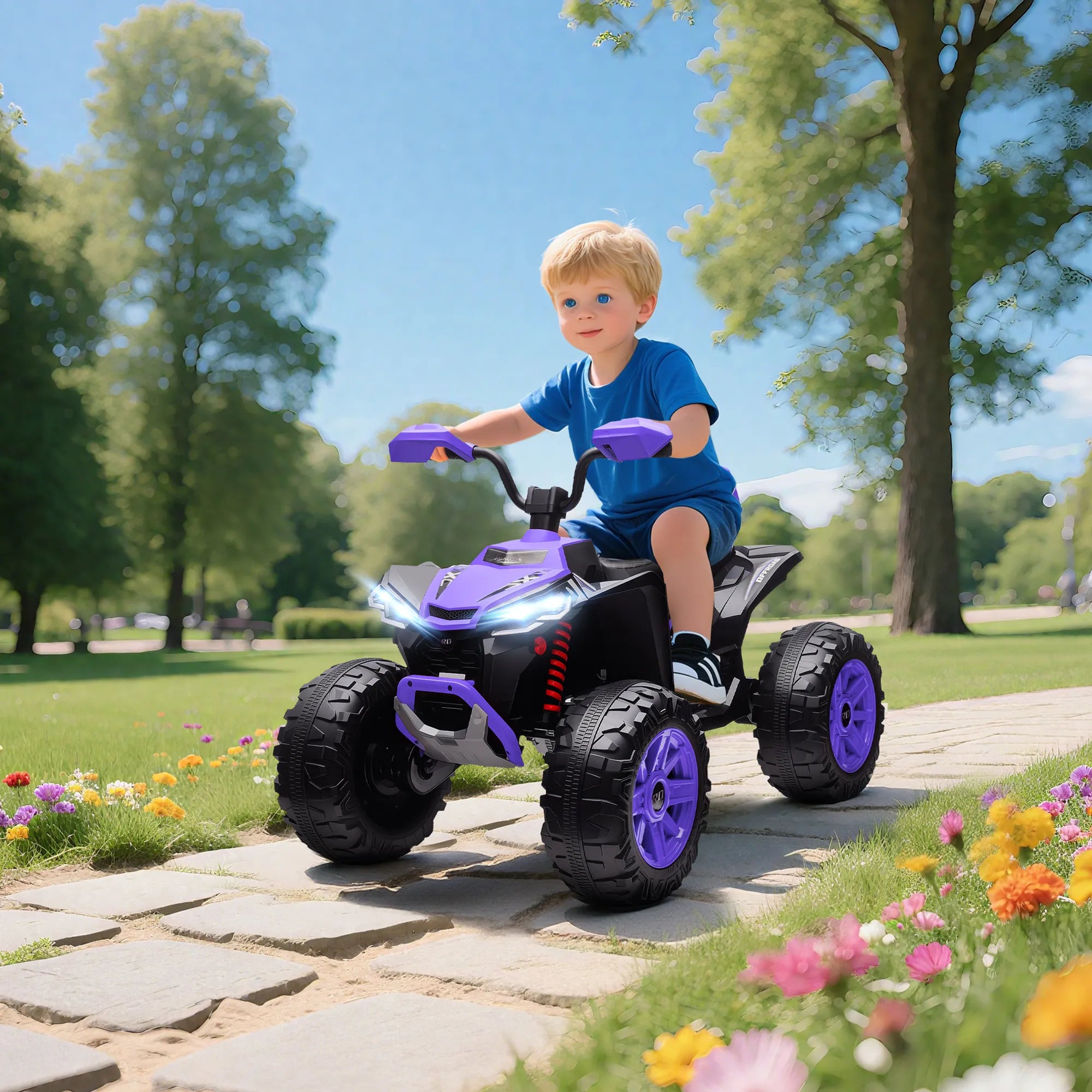 Vaikiškas elektrinis keturratis 24V, dvivietis, iki 50 kg, 3–8 metų vaikams, violetinis 6,5 km/h