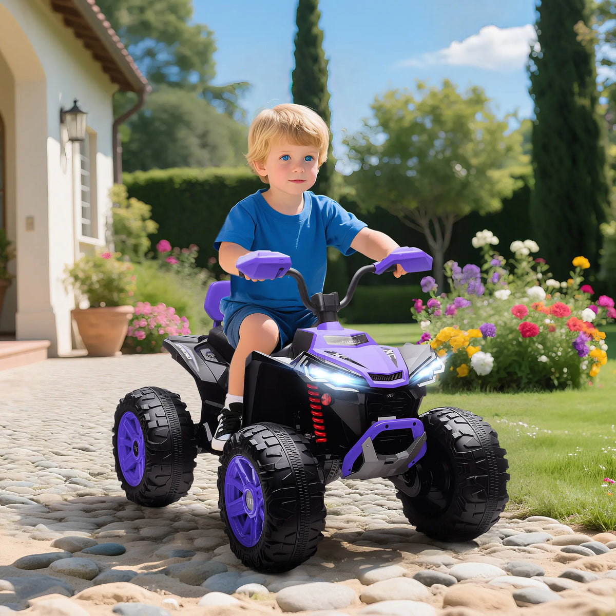 Vaikiškas elektrinis keturratis 24V, dvivietis, iki 50 kg, 3–8 metų vaikams, violetinis 6,5 km/h