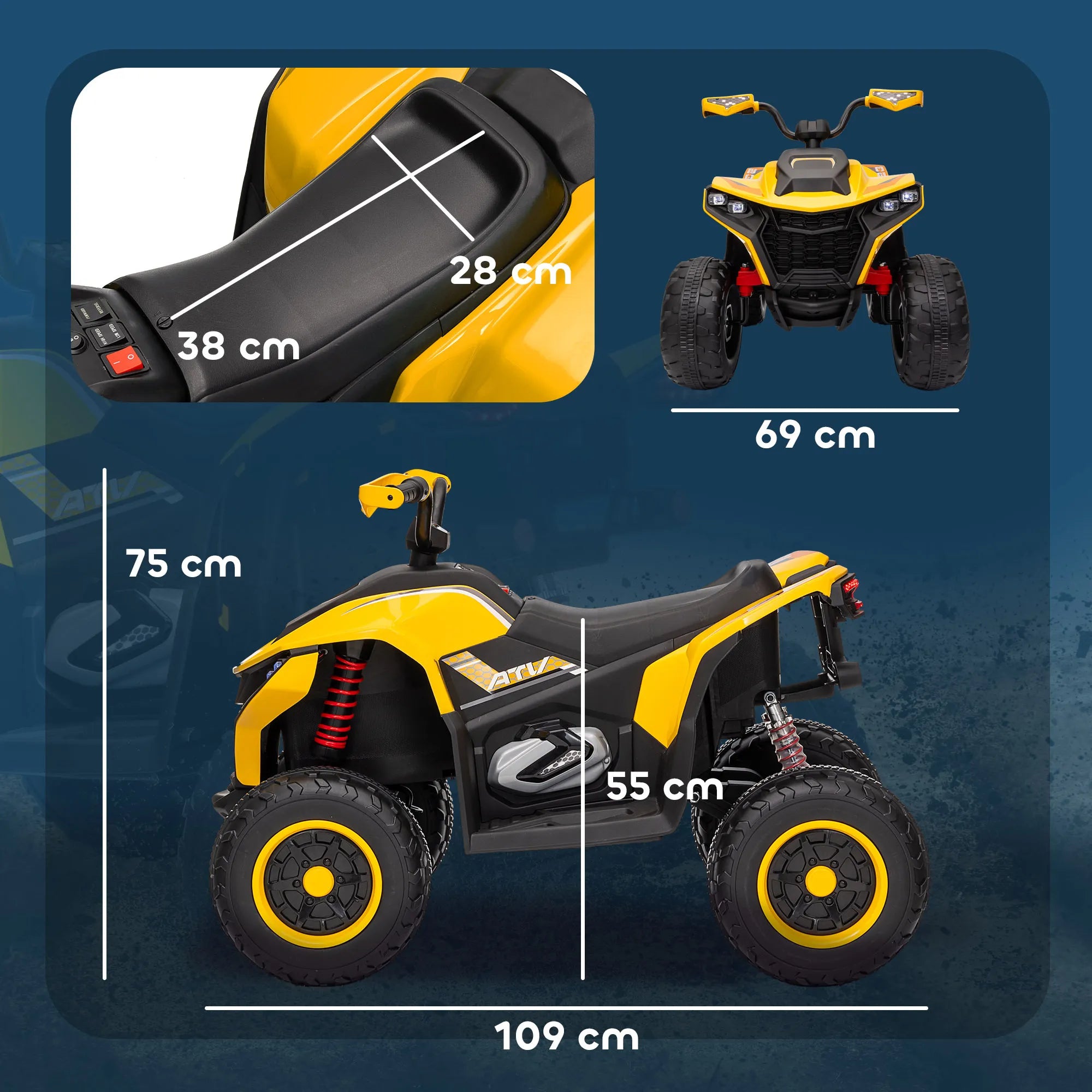 Vaikiškas elektrinis keturratis 3–8 metų vaikams, iki 50 kg, geltonas 3-6 km/h